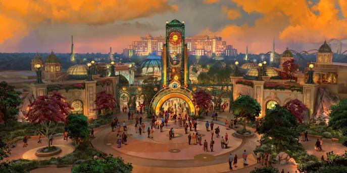 Universal Epic Universe - Opening 2025! Concept art of the entrance to Universal Epic Universe