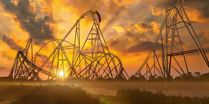 Hyperia, the UK's tallest and fastest rollercoaster, at sunset