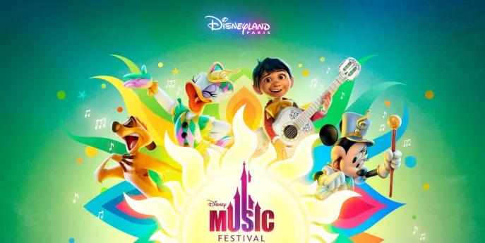 Disney Music Festival Logo for Disney Music Festival at Disneyland Paris, including Miguel from Coco playing a guitar, minnie mouse in marching band attire and Timone from the lion king singing.