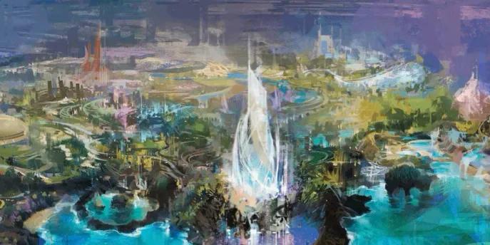 Disney park in Abu Dhabi Concept art of Disney park coming to Yas Island including lots of trees, lakes and large structures that aren't very clear.