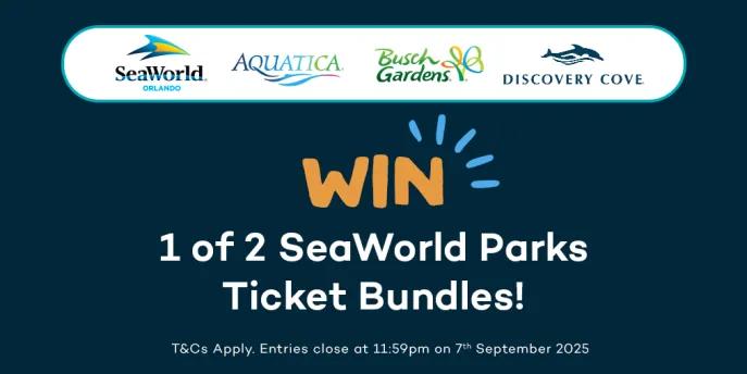 Banner with text saying "Win 1 of 2 SeaWorld Parks Ticket Bundles. Above there are some logos, one saying SeaWorld, Aquatica, Busch Gardens and Discovery Cove
