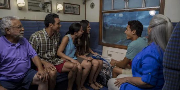 A multigenerational family riding the enclosed Hogwarts Express attraction at Universal Orlando Resort, enjoying the scenic views outside the compartment window, a perfect activity when it's raining.