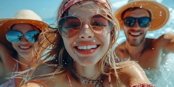 A close-up selfie of three smiling friends wearing sunglasses and summer hats splashing in bright blue water.