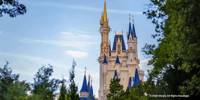 Cinderella Castle with blue spires framed by trees under a clear sky
