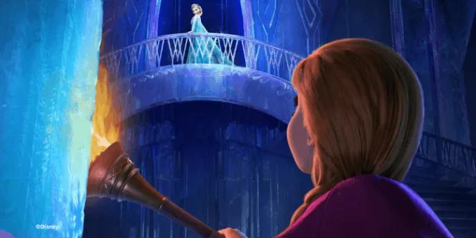 Anna holding a torch inside an icy palace, looking up at Elsa standing on a high balcony under blue lighting