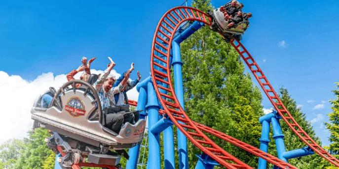 Riders on the Spinball Whizzer roller coaster at Alton Towers