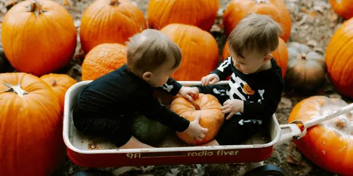 Two toddlers in skeleton costumes sit in a red Radio Flyer wagon at a pumpkin patch, holding a pumpkin between them.