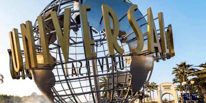 The iconic Universal Studios revolving globe monument at the theme park's entrance plaza