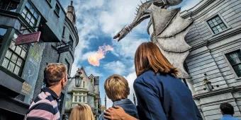 Family exploring Diagon Alley at Universal Studios Florida