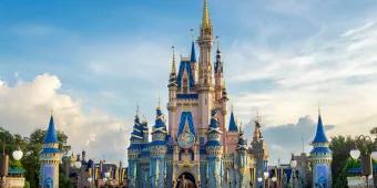 Cinderella Castle at Magic Kingdom decorated for the 50th Anniversary 