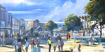 Disney Village Transformation Concept Art Concept art showing guests walking through the newly expanded Disney Village