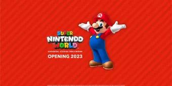 Super Nintendo World Opening 2023 An image of Super Mario on a red background, next to the text "Super Nintendo World, Opening 2023"