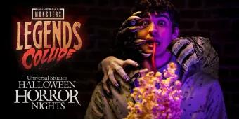 Universal Monsters: Legends Collide A man holding popcorn being grabbed by The Mummy, Wolf Man and Dracula