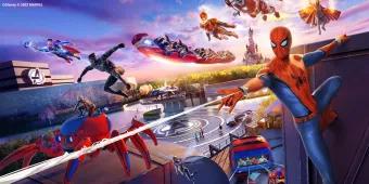 Avengers Campus at Disneyland Paris Concept art of Avengers Campus at Disneyland Paris with the Avengers flying overhead