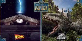 Promotional image with Back To The Future on the left and Jurassic World on the right