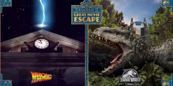 Universal's Great Movie Escape Promotional image with Back To The Future on the left and Jurassic World on the right
