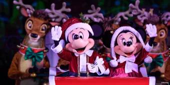 Mickey and Minnie dressed as Mr and Mrs Claus sitting in a sleigh