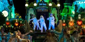 The hitchhiking ghosts on a parade float in Mickey's Boo To You Halloween Parade