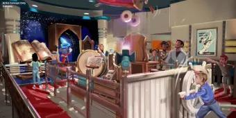 Mickey & Minnie's Runaway Railway Concept art of families playing on interactive attractions in Mickey's Toontown