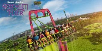 Concept art for Serengeti Flyer, with guests on the ride swinging above Busch Gardens