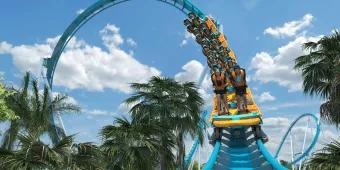 Pipeline: The Surf Coaster Opening Spring 2023 Concept art of a ride vehicle on Pipeline: The Surf Coaster
