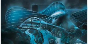 Concept art of the futuristic TRON Lightcycle / Run ride building in Tomorrowland