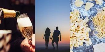 A collage of three photos - the first is champagne being poured into a glass, the second a couple standing in front of a sunset and the third a counter covered in fresh pasta