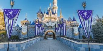 A pink and blue castle decorated with silver and blue banners and pendants