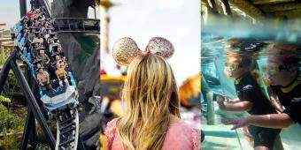 Three images of a rollercoaster, a woman facing away from the camera wearing Minnie ears, and two children snorkelling