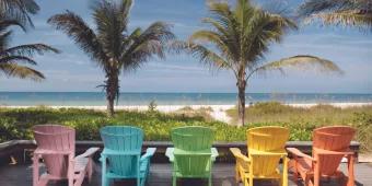 A row of different coloured beach chairs looking out onto the beach