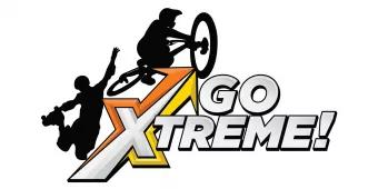 Go Xtreme written in large grey lettering next to an outline of stunt performers on a bike and skates