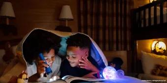Two young boys laying in bed reading a book with a torch