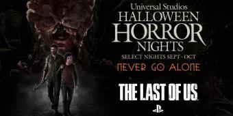 A Universal Studios Halloween Horror Nights promotional image of Ellie and Joel from The Last of Us walking away from a large Infected creature. 