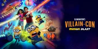 Illumination's Villain-Con Minion Blast Two children using blasters to shoot imaginary lasers, surrounded by Minions