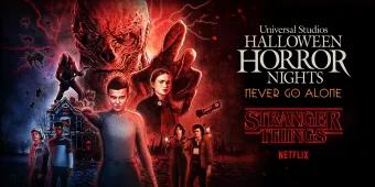 A pencil drawing of Stranger Things characters next to the Stranger Things and Halloween Horror Nights logos
