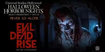 Evil Dead Rise A creepy, blood-covered woman staring at the camera next to the Evil Dead Rise and Halloween Horror Nights logos