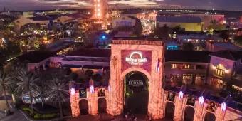 The entrance arches to Universal Studios Florida decorated for Halloween Horror Nights