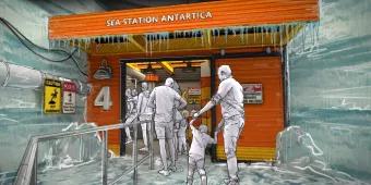 Penguin Trek Concept Art Artists impression of people queuing for Penguin Trek going into an orange sea station covered in ice