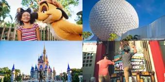 A collage of images including Cinderella Castle, Spaceship Earth, and young girl with Timon and two men jumping 