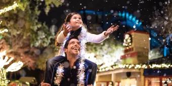 A girl sitting on a man's shoulders holding her hands out to catch fake snow as it falls
