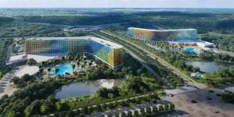 Universal Stella Nova and Terra Luna Resorts Concept art of two curve-shaped hotels next to each other with multi-coloured panelling