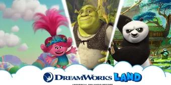 A banner featuring Shrek, Poppy from Trolls and Po from Kung Fu Panda above the words DreamWorks Land