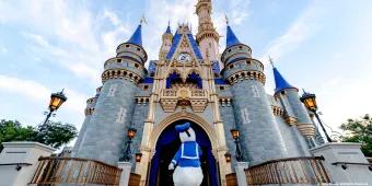 Donald Duck walking away from the camera towards Cinderella Castle