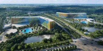Concept art of two curved hotel buildings surrounded by trees and water