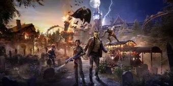 Dark Universe at Universal Epic Universe Concept art of Frankenstein's Monster, Dracula, The Wolf Man and a monster hunter in Dark Universe