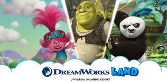 DreamWorks Land at Universal Orlando Resort Trolls, Shrek and Kung Fu Panda above the logo for DreamWorks Land at Universal Orlando Resort
