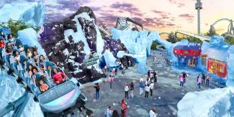 Concept art of the Penguin Trek coaster above the Antarctica Realm at SeaWorld