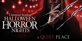 A girl standing with her finger over her lips behind claw marks, next to the words Universal Studios Halloween Horror Nights