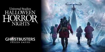 Ghostbusters Frozen Empire Concept art of four people in coats walking towards a tall ghostly figure