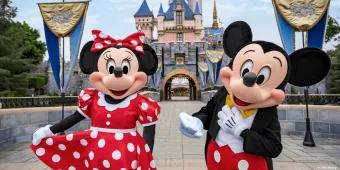 Mickey and Minnie Mouse posing in front of Sleeping Beauty Castle at Disneyland Resort 